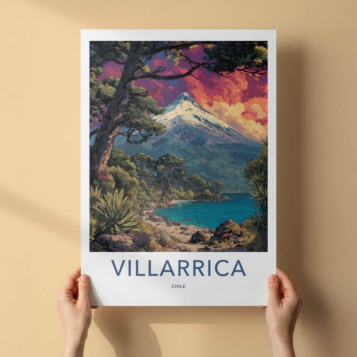 Villarrica Poster - Chile Travel Art - Snow Capped Volcano Home Decor