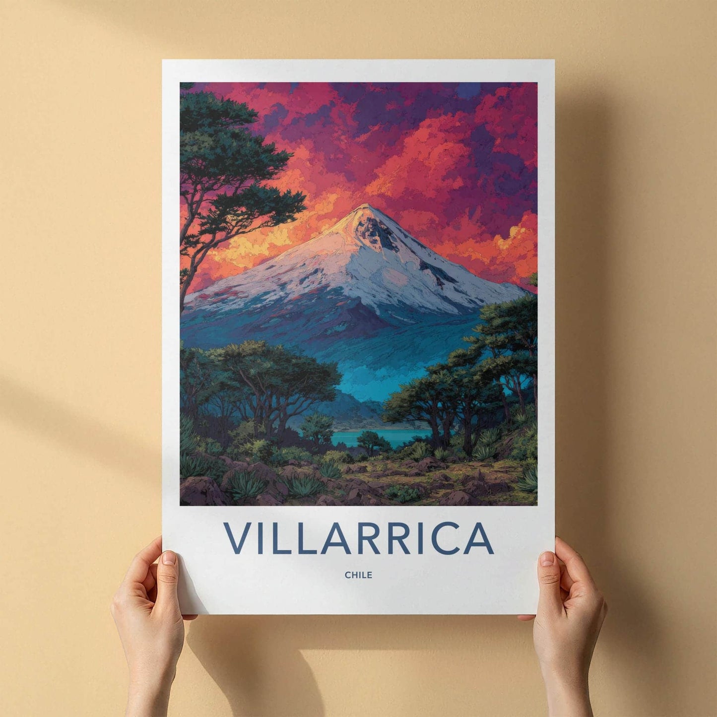 Villarrica Poster - Chile Travel Art - Sunset Volcano Lake Home Decor