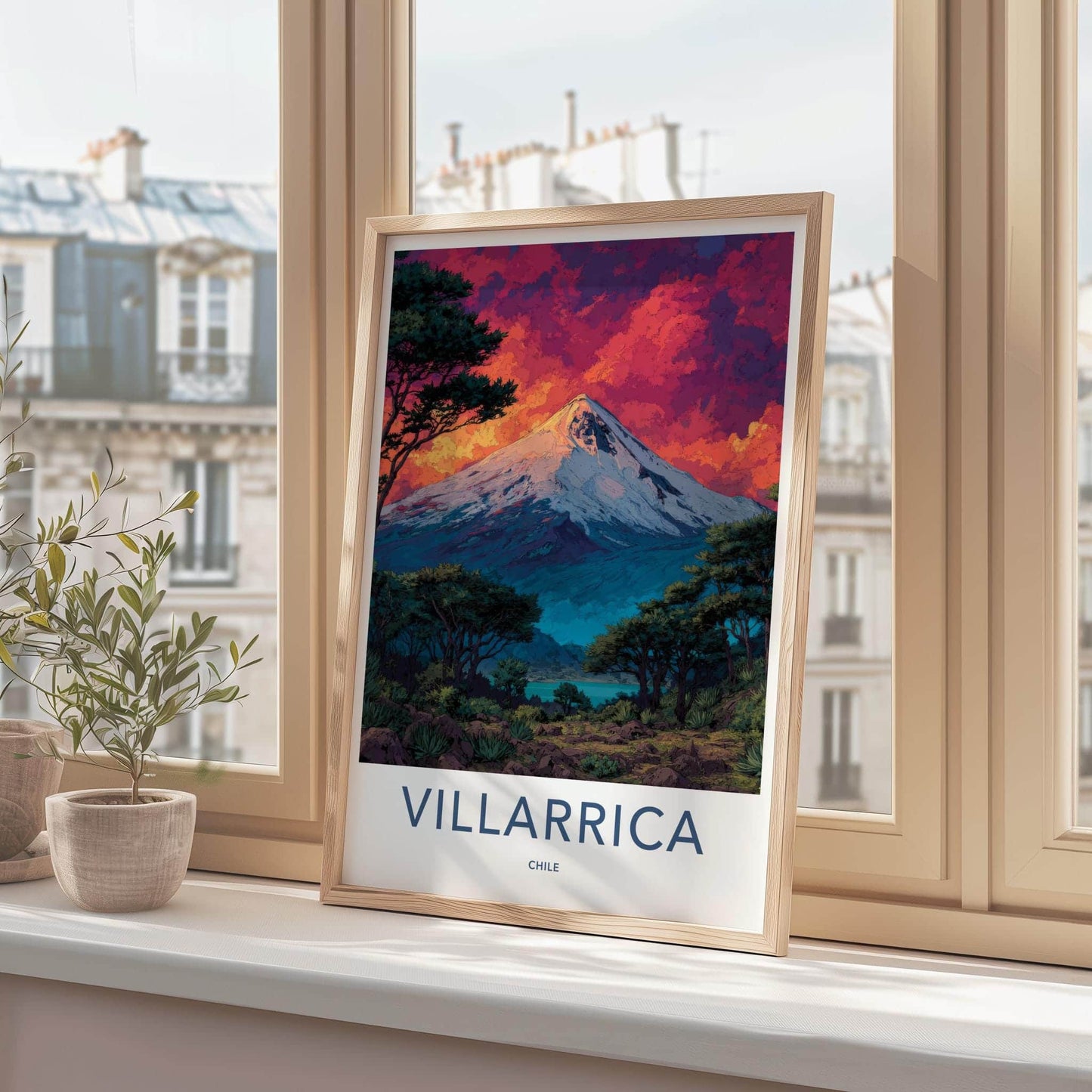 Villarrica Poster - Chile Travel Art - Sunset Volcano Lake Home Decor