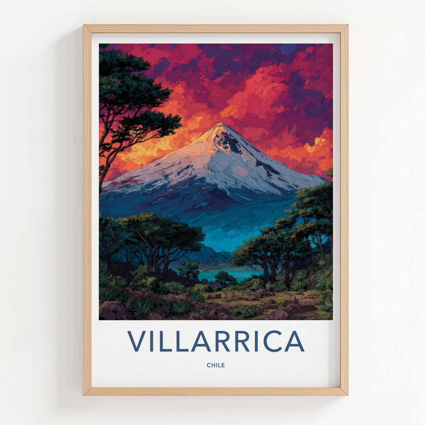 Villarrica Poster - Chile Travel Art - Sunset Volcano Lake Home Decor