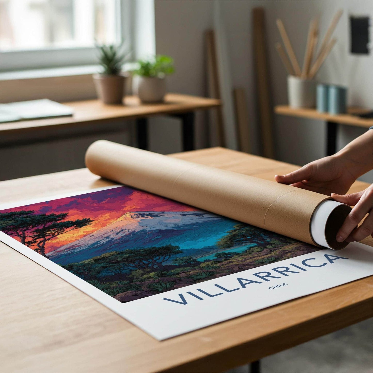 Villarrica Poster - Chile Travel Art - Sunset Volcano Lake Home Decor