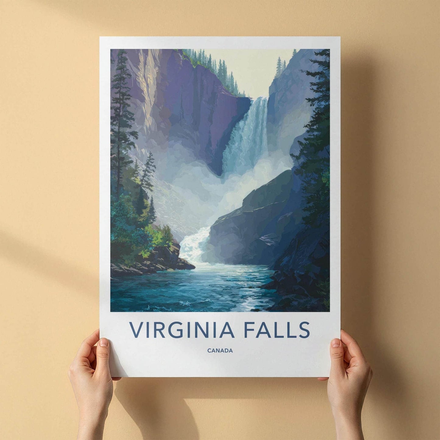 Virginia Falls Poster - Canada Travel Art - Majestic Waterfall Scene Home Decor