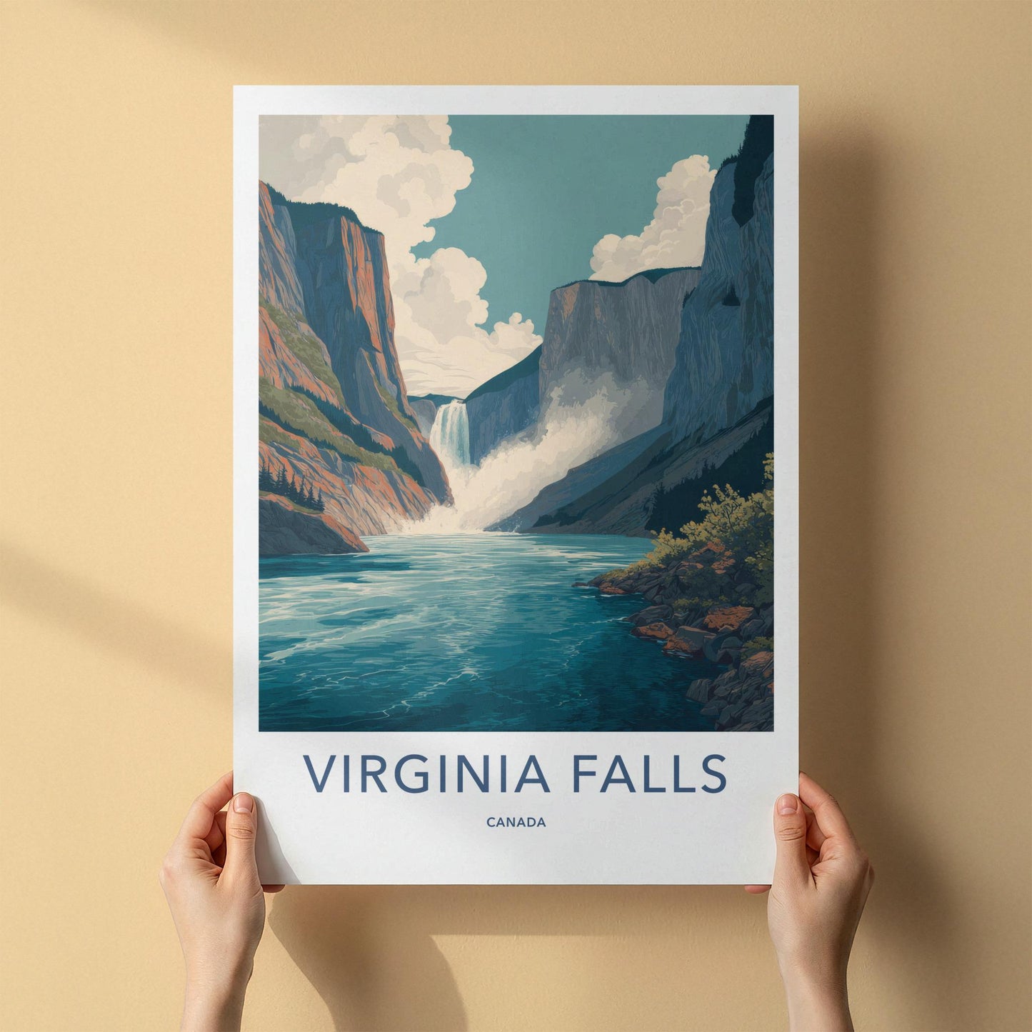 Virginia Falls Poster - Canada Travel Art - Massive Waterfall Canyon Wall Decor