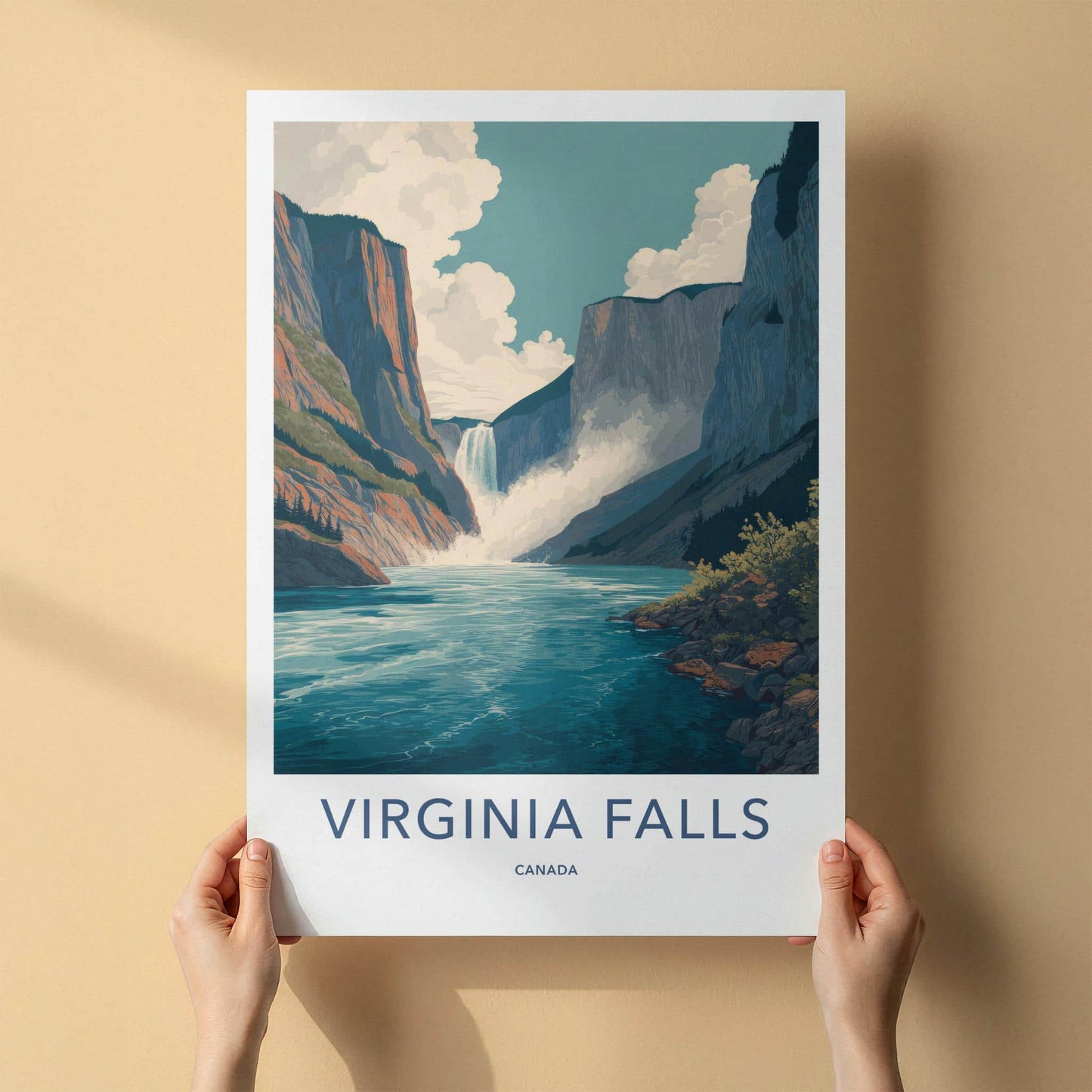 Virginia Falls Poster - Canada Travel Art - Massive Waterfall Canyon Wall Decor