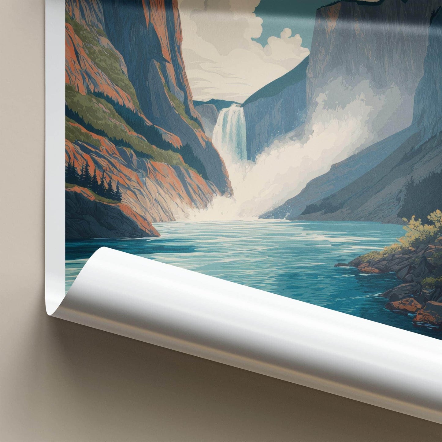 Virginia Falls Poster - Canada Travel Art - Massive Waterfall Canyon Wall Decor