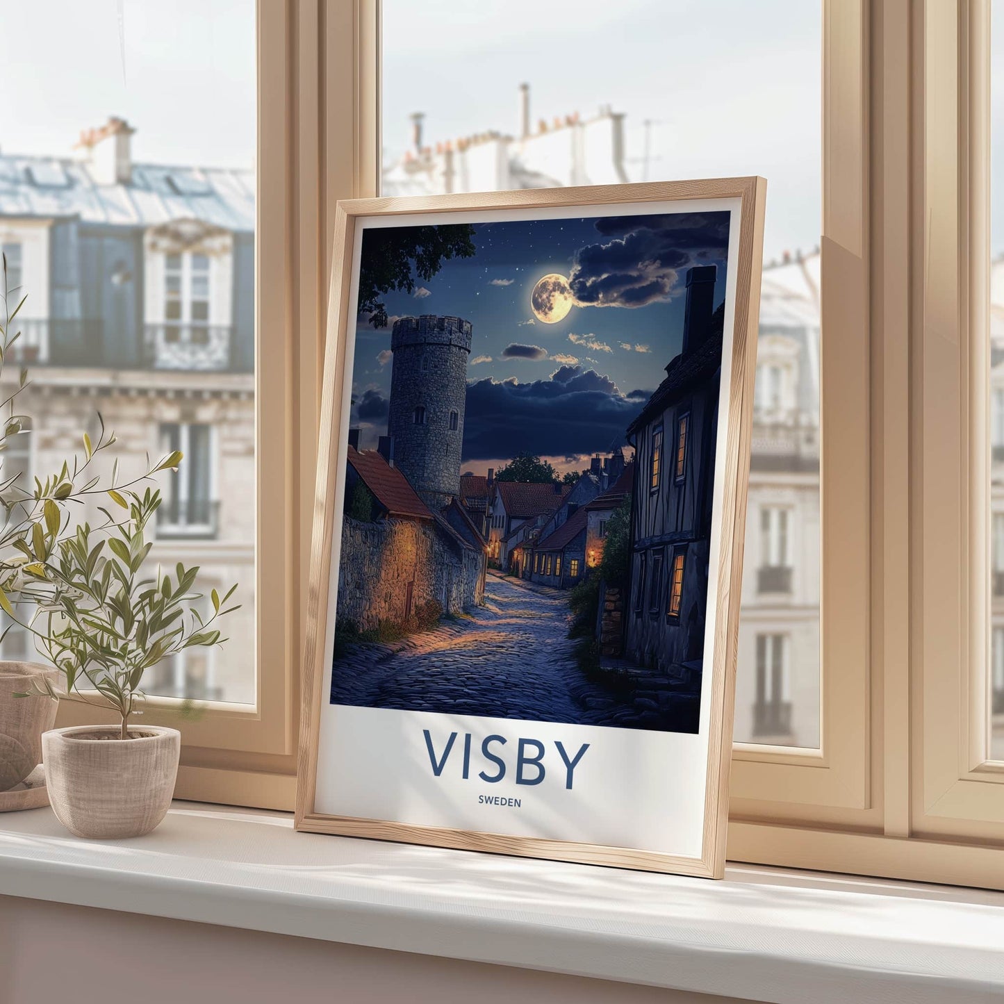 Visby Poster - Sweden Wall Art - Moonlit Cobblestone Street Home Decor