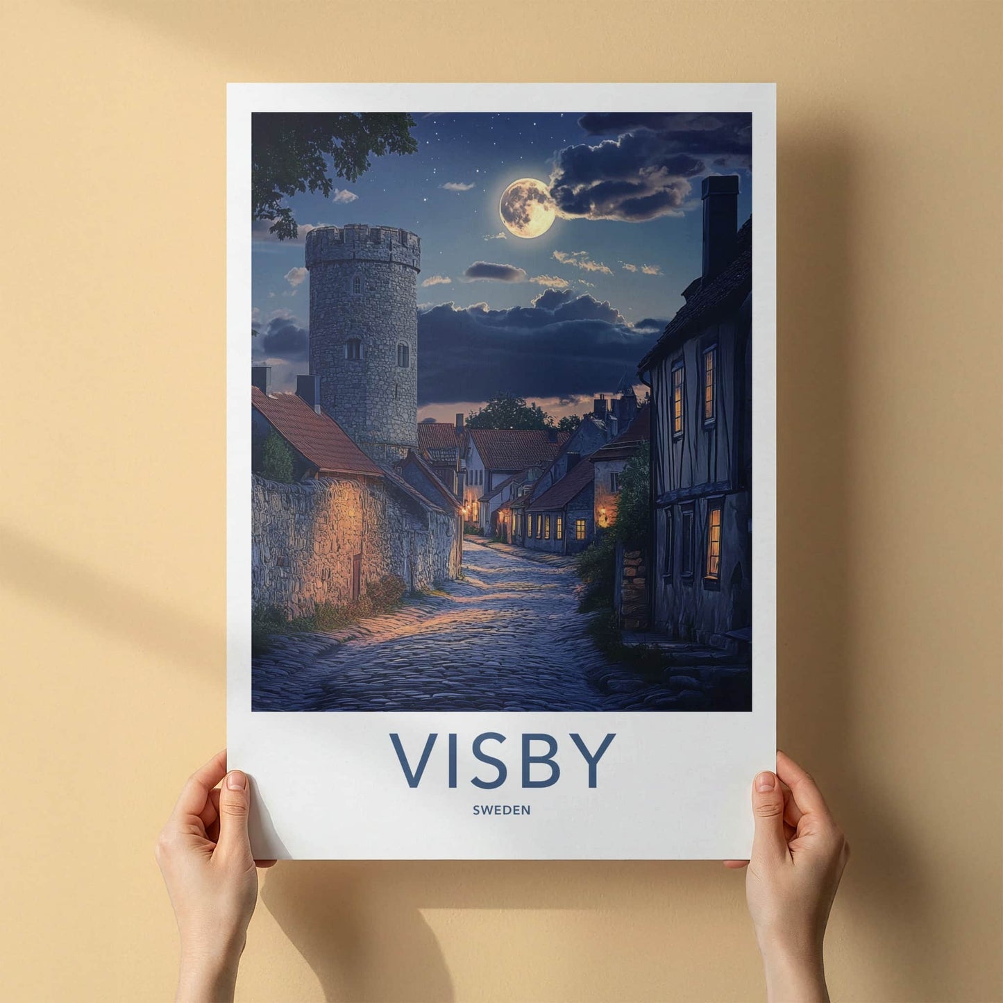 Visby Poster - Sweden Wall Art - Moonlit Cobblestone Street Home Decor