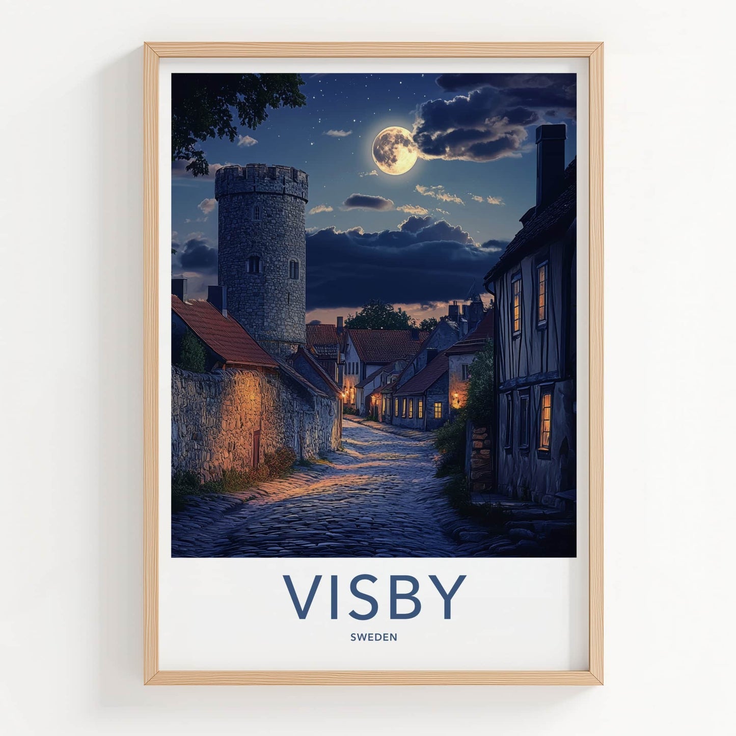 Visby Poster - Sweden Wall Art - Moonlit Cobblestone Street Home Decor