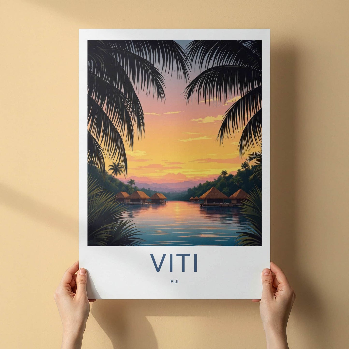 Viti Poster - Fiji Travel Art - Tropical Sunset Bungalows Home Decor