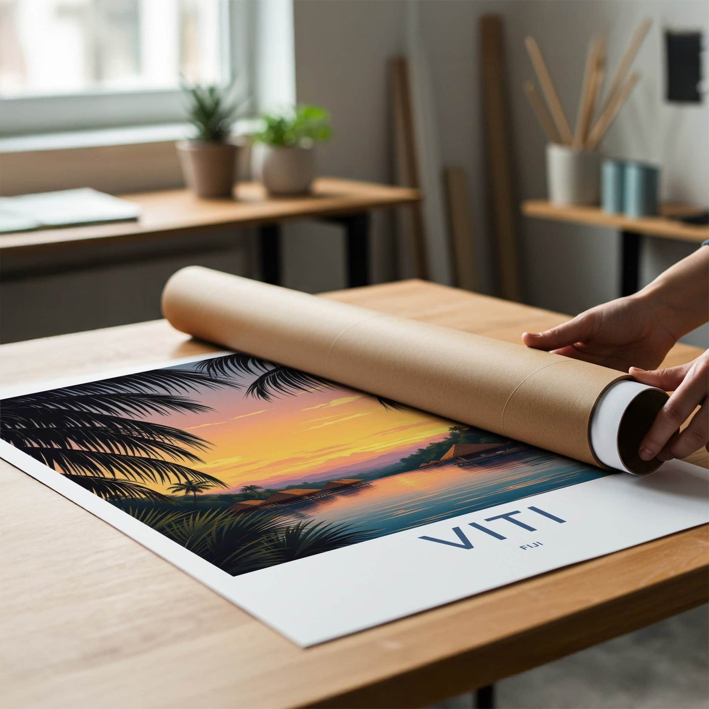 Viti Poster - Fiji Travel Art - Tropical Sunset Bungalows Home Decor
