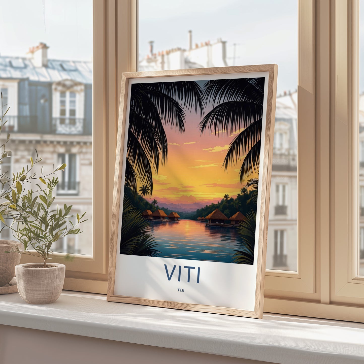 Viti Poster - Fiji Travel Art - Tropical Sunset Bungalows Home Decor