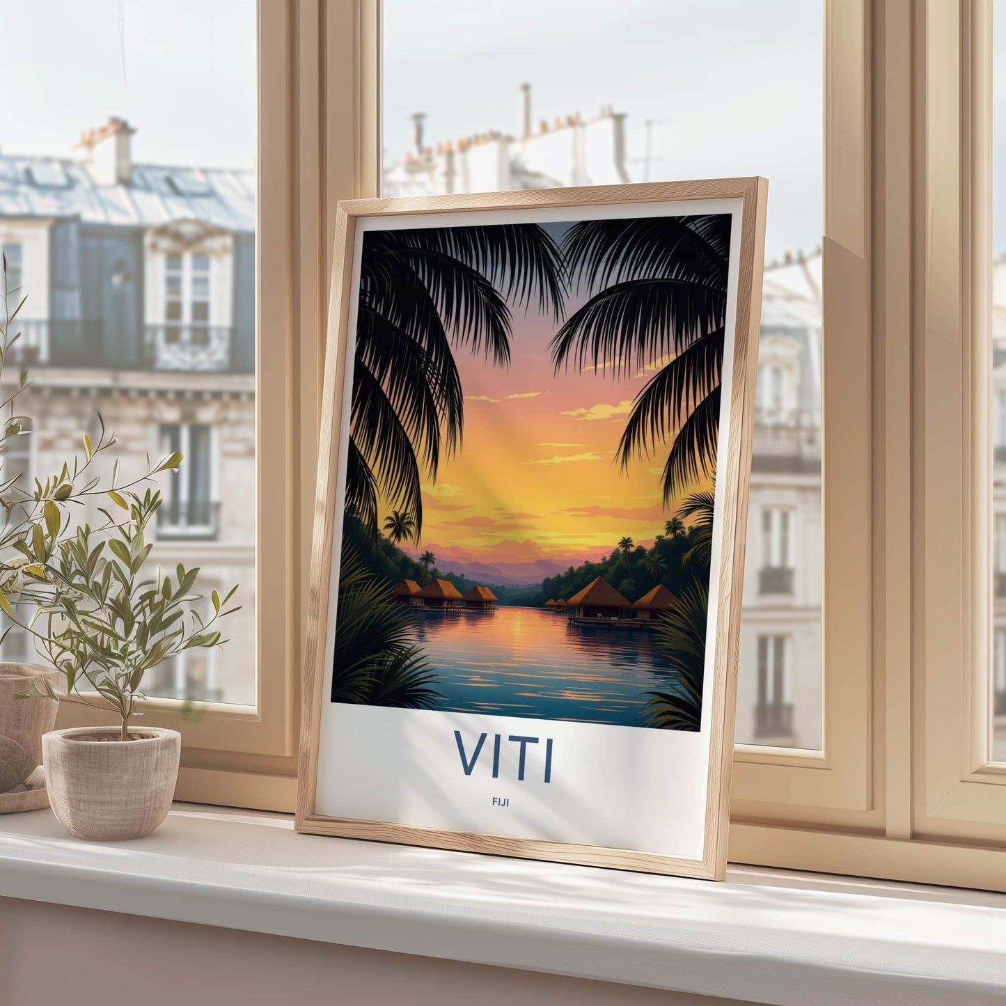 Viti Poster - Fiji Travel Art - Tropical Sunset Bungalows Home Decor