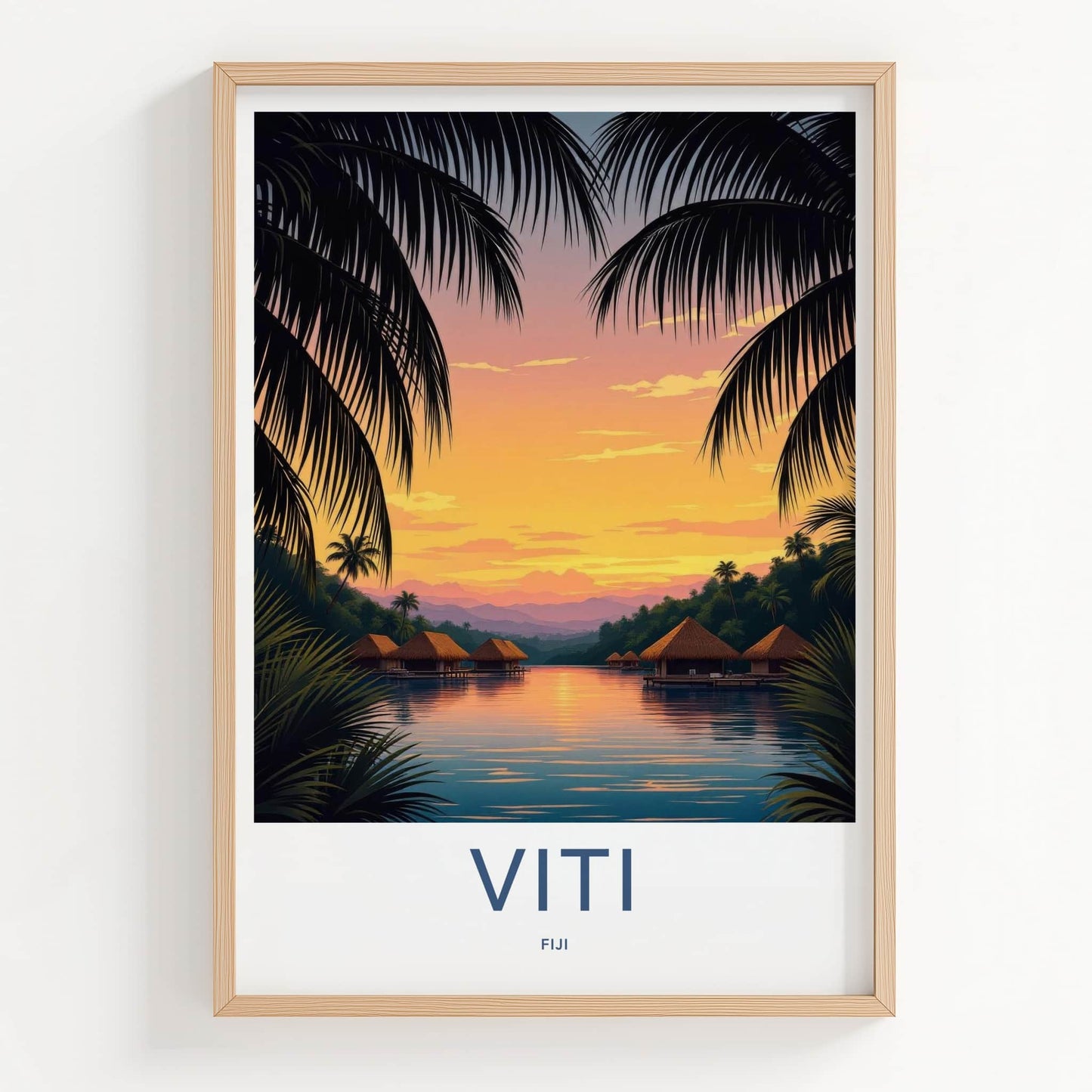 Viti Poster - Fiji Travel Art - Tropical Sunset Bungalows Home Decor