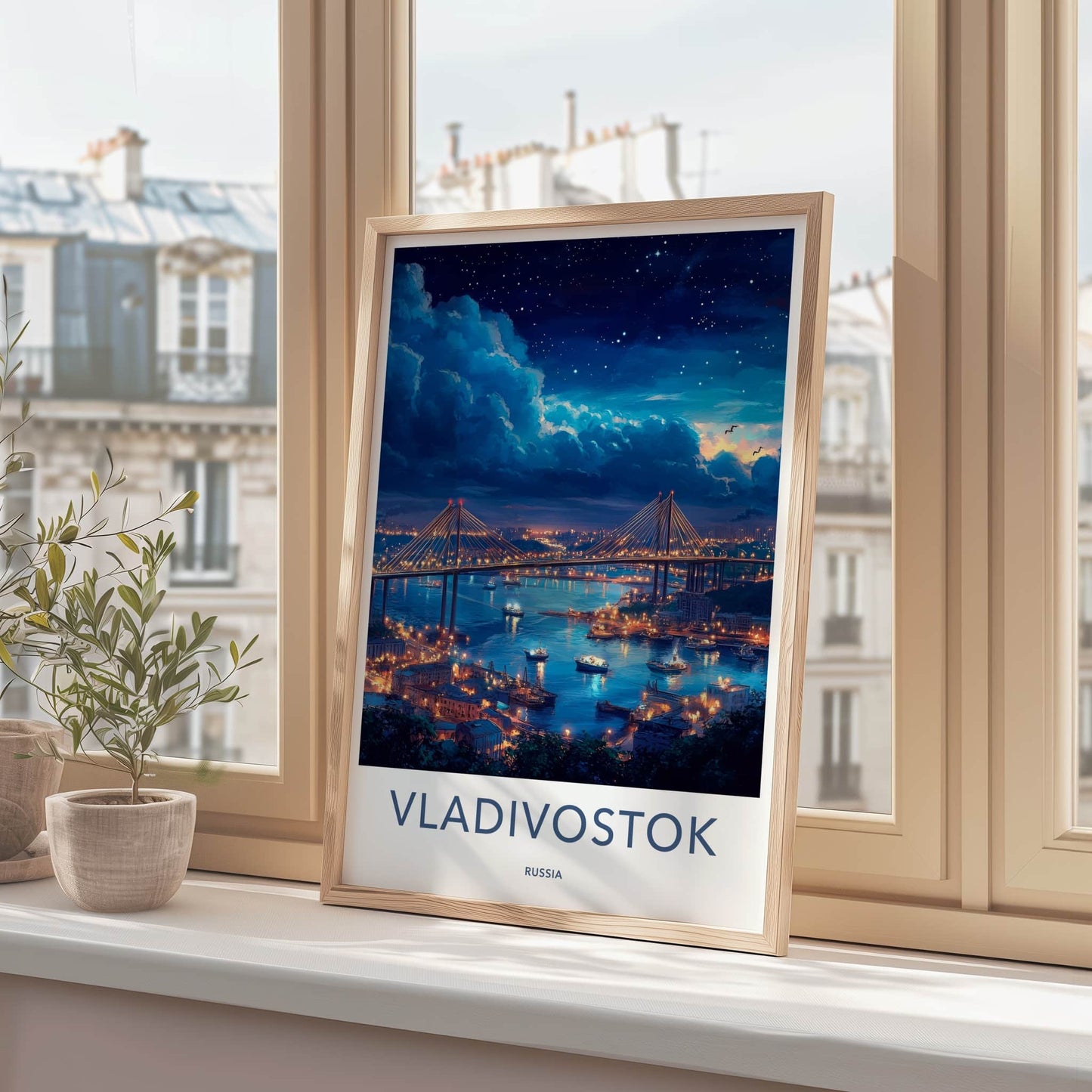 Vladivostok Poster - Russia Travel Art - Starry Night Bridge Home Decor