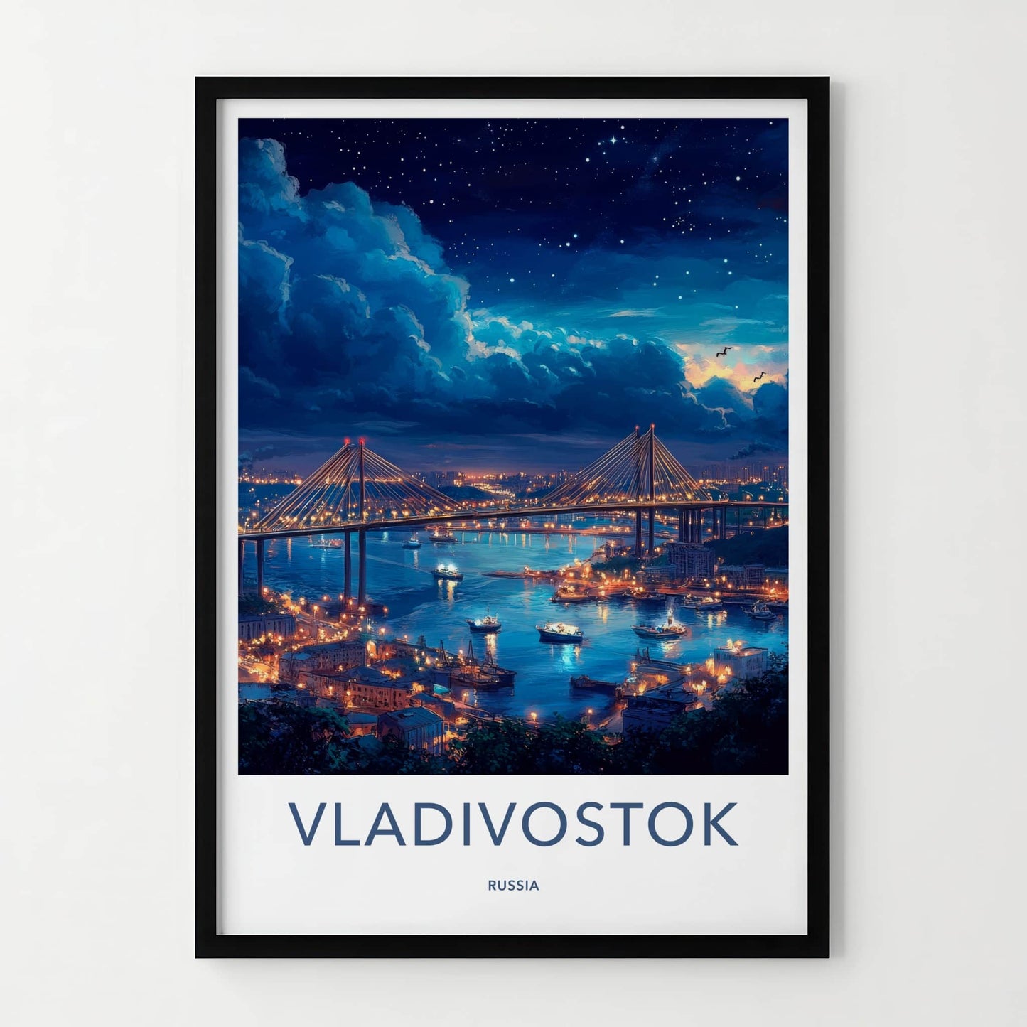 Vladivostok Poster - Russia Travel Art - Starry Night Bridge Home Decor