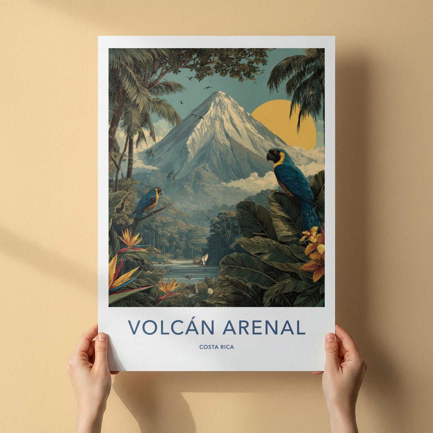Volcan Arenal Poster - Costa Rica Travel Art - Rainforest Volcano Macaws Home Decor