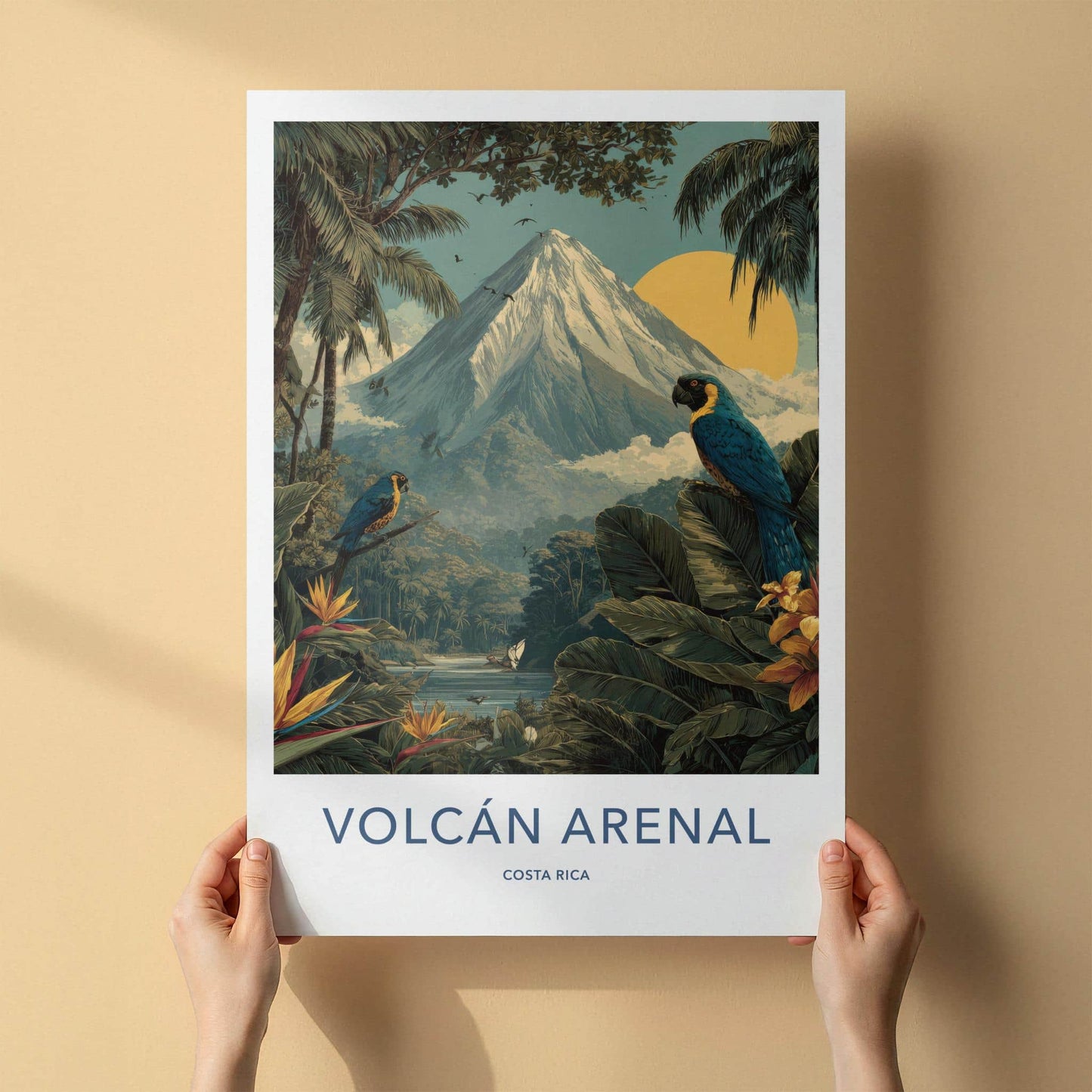 Volcan Arenal Poster - Costa Rica Travel Art - Rainforest Volcano Macaws Home Decor