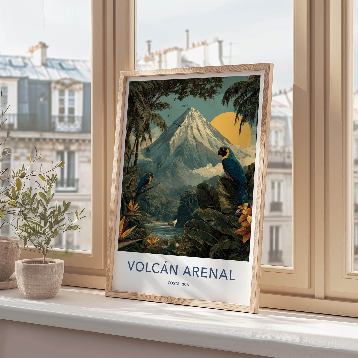 Volcan Arenal Poster - Costa Rica Travel Art - Rainforest Volcano Macaws Home Decor