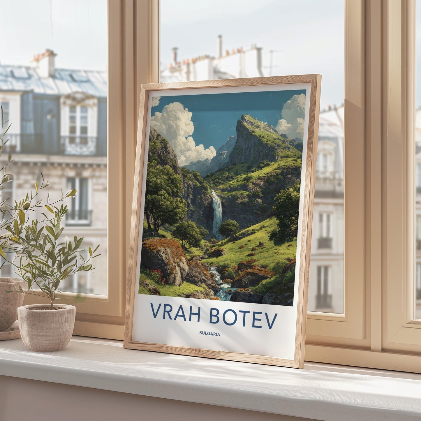 Vrah Botev Poster - Bulgaria Travel Art - Mountainous Cascading Waterfall Home Decor