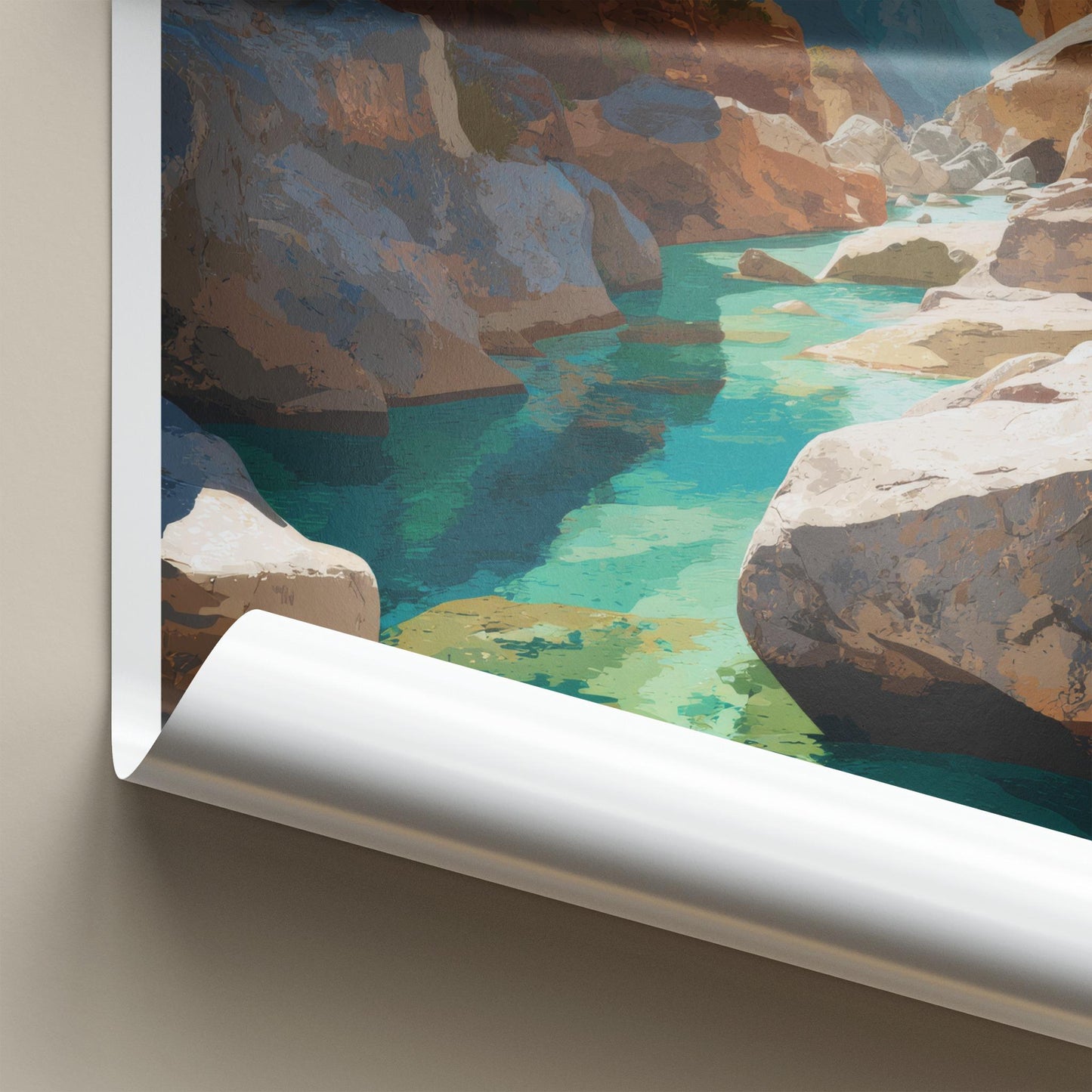Wadi Ash-Shabb Poster - Oman Travel Art - Turquoise Canyon Stream Home Decor