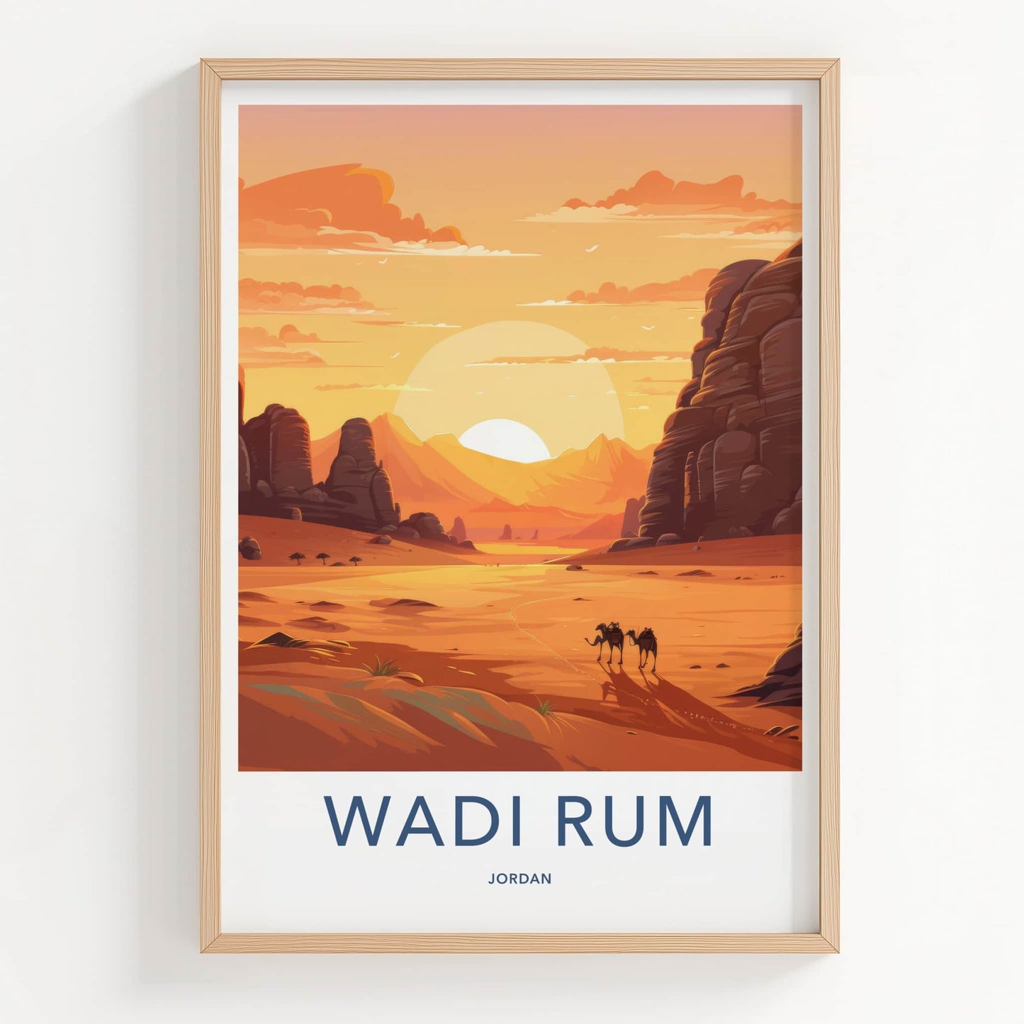 WADI RUM Poster - Jordan Travel Art - Desert Camels Sunset Home Decor