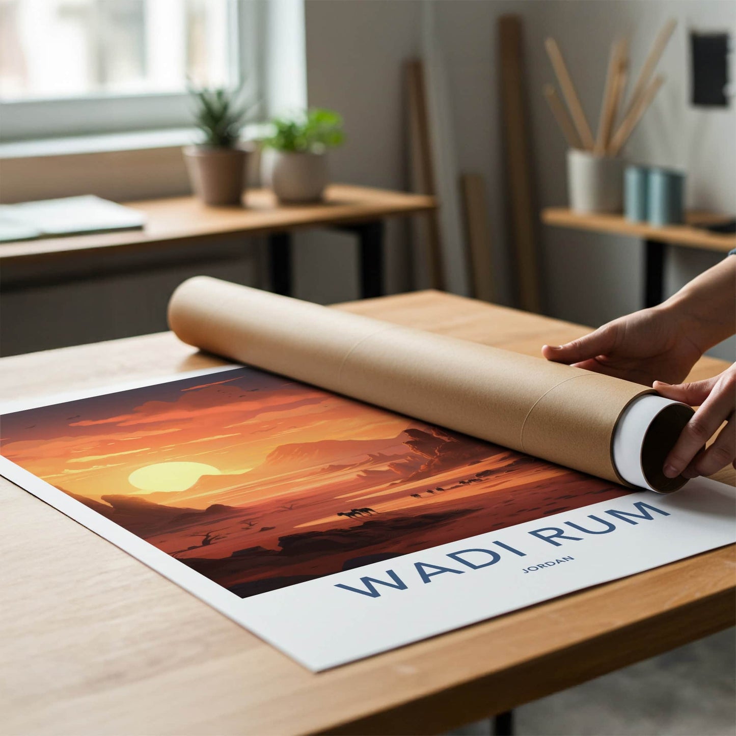 Wadi Rum Poster - Jordan Travel Art - Desert Sunset Caravan Home Decor