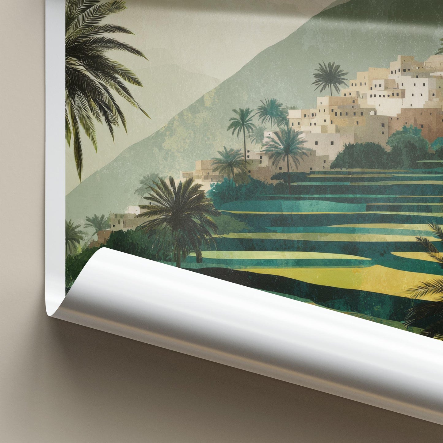 Wadi Tiwi Poster - Oman Travel Art - Green Terraced Village Home Decor