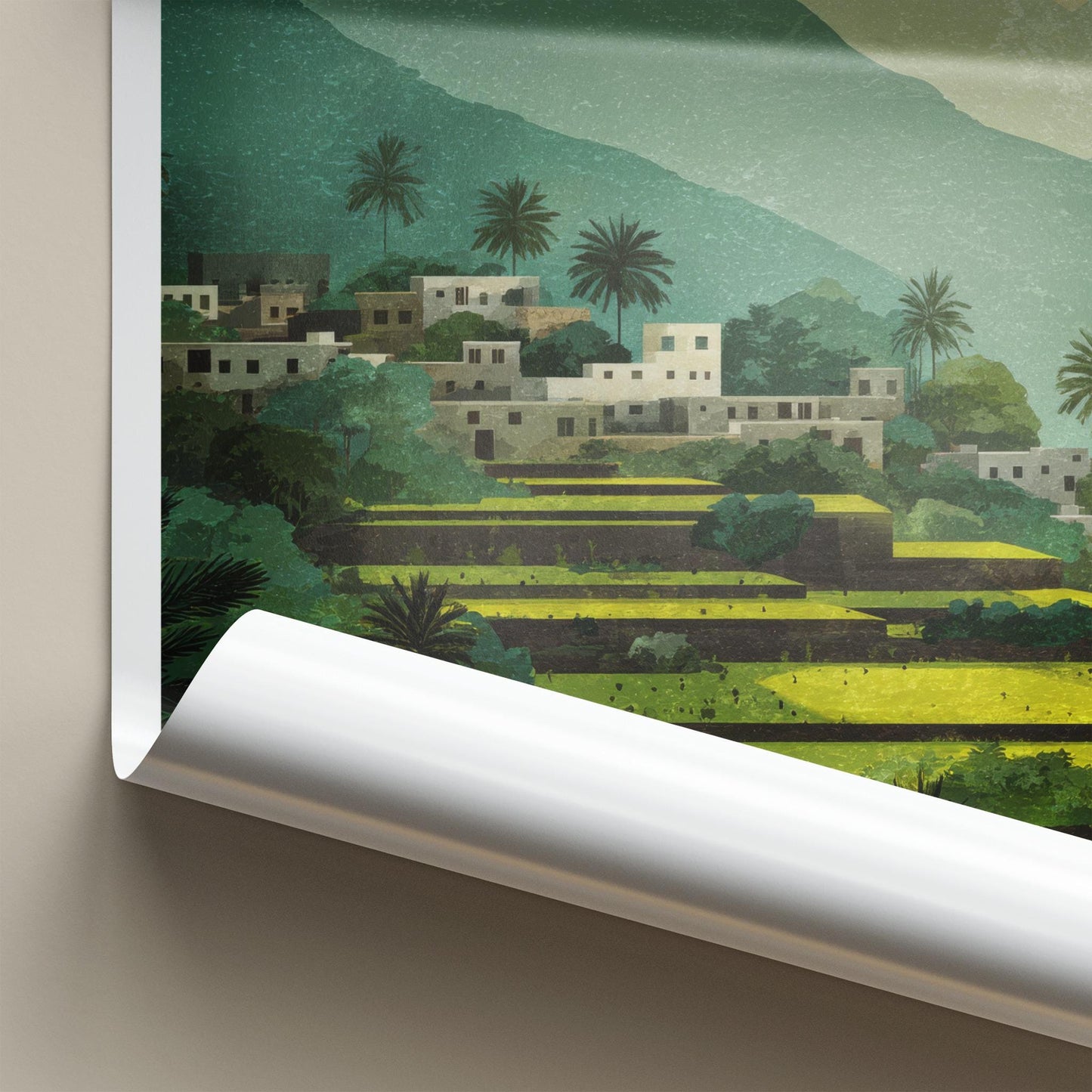 Wadi Tiwi Poster - Oman Travel Art - Lush terraced landscape Home Decor