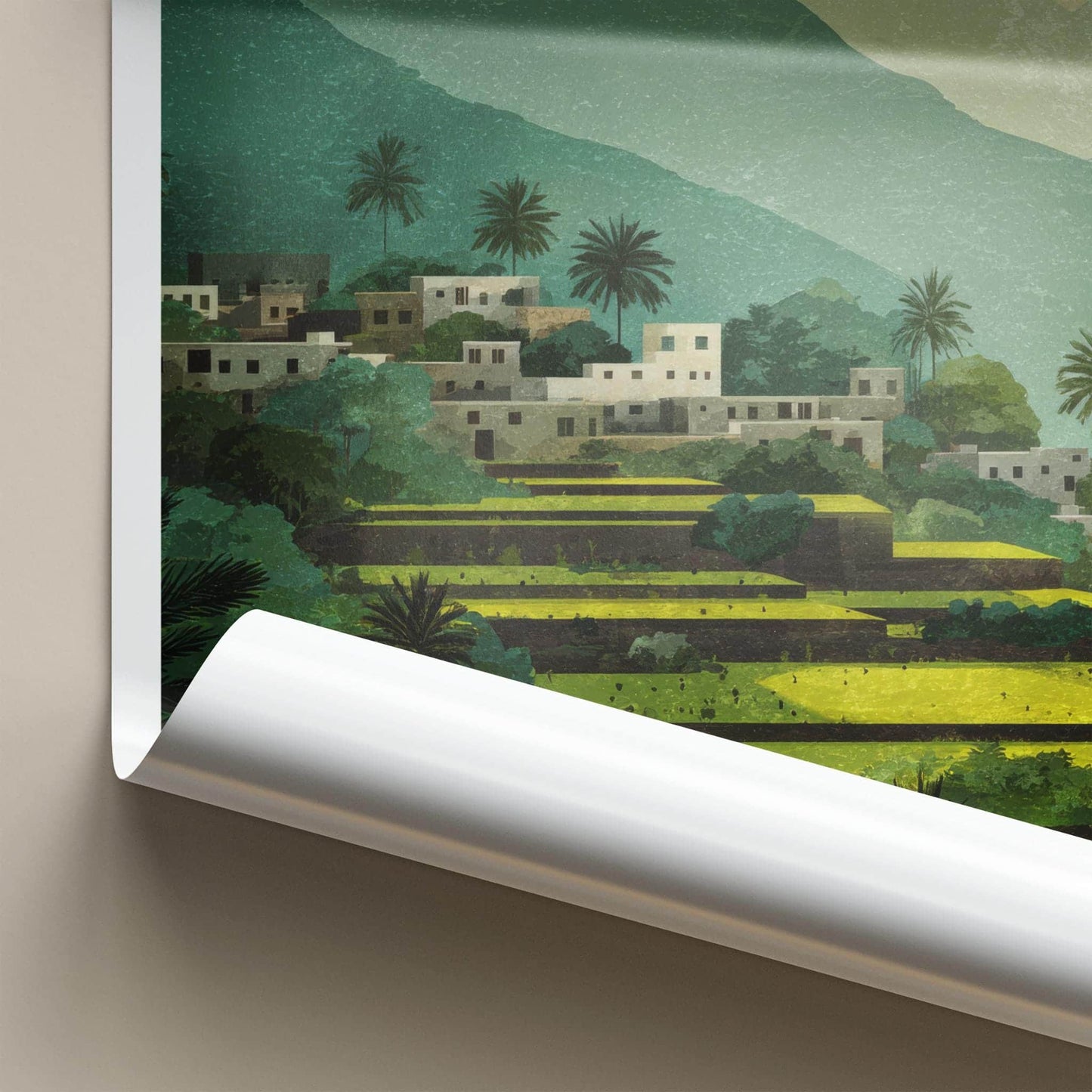 Wadi Tiwi Poster - Oman Travel Art - Lush terraced landscape Home Decor