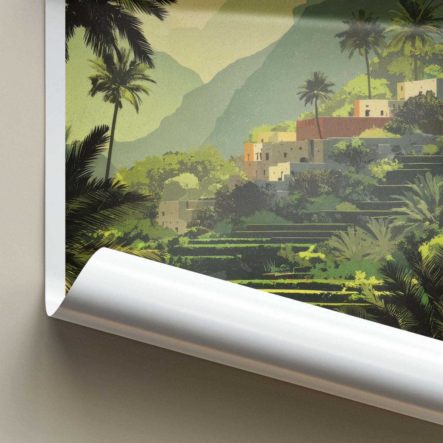 Wadi Tiwi Poster - Oman Wall Art - Green Terraced Village Home Decor
