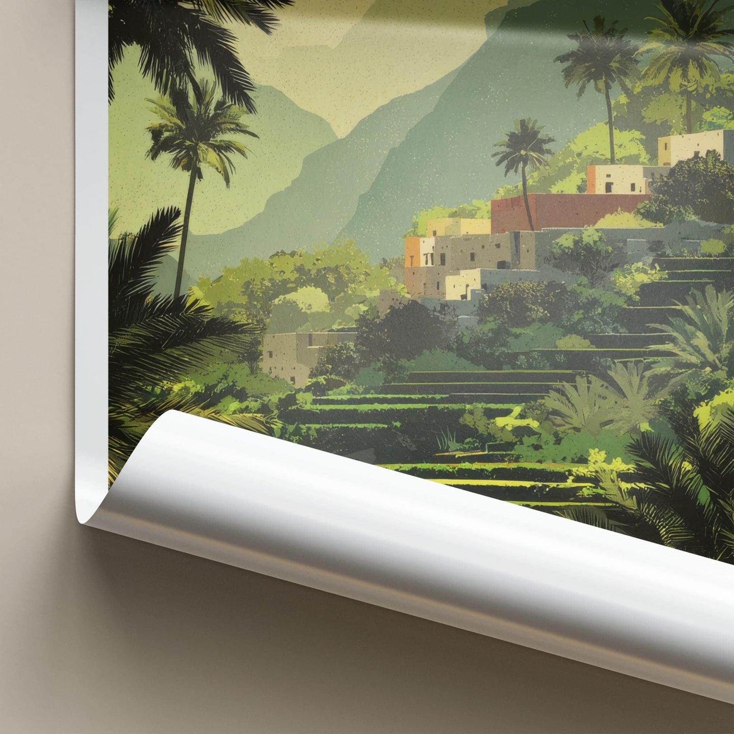 Wadi Tiwi Poster - Oman Wall Art - Green Terraced Village Home Decor