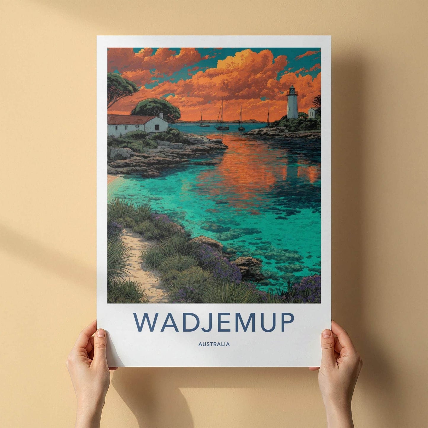 Wadjemup Poster - Australia Travel Art - Lighthouse Coastal Sunset Home Decor
