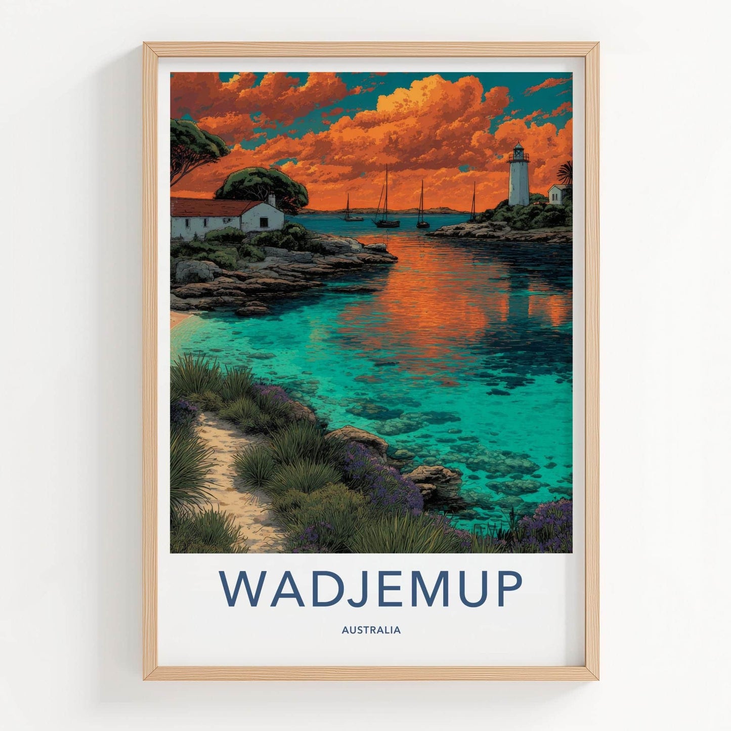 Wadjemup Poster - Australia Travel Art - Lighthouse Coastal Sunset Home Decor