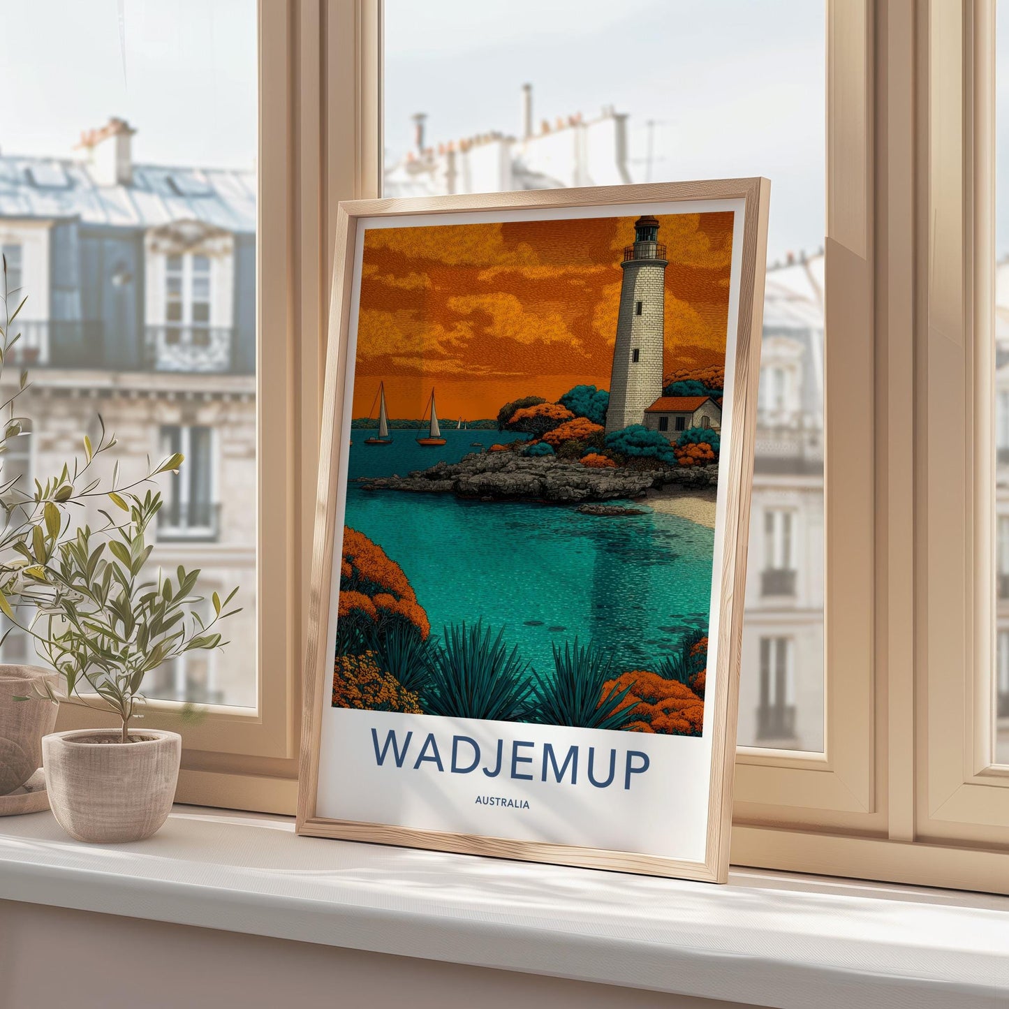 Wadjemup Poster - Australia Travel Art - Ocean Lighthouse Boats Home Decor