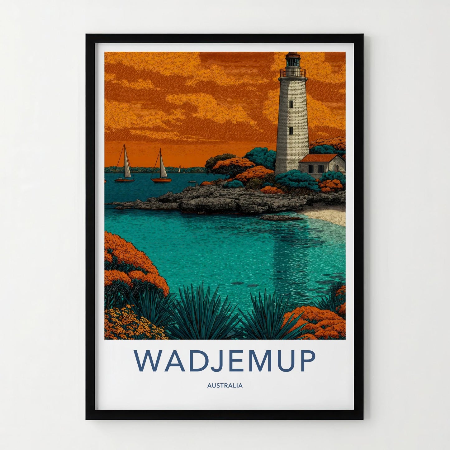 Wadjemup Poster - Australia Travel Art - Ocean Lighthouse Boats Home Decor