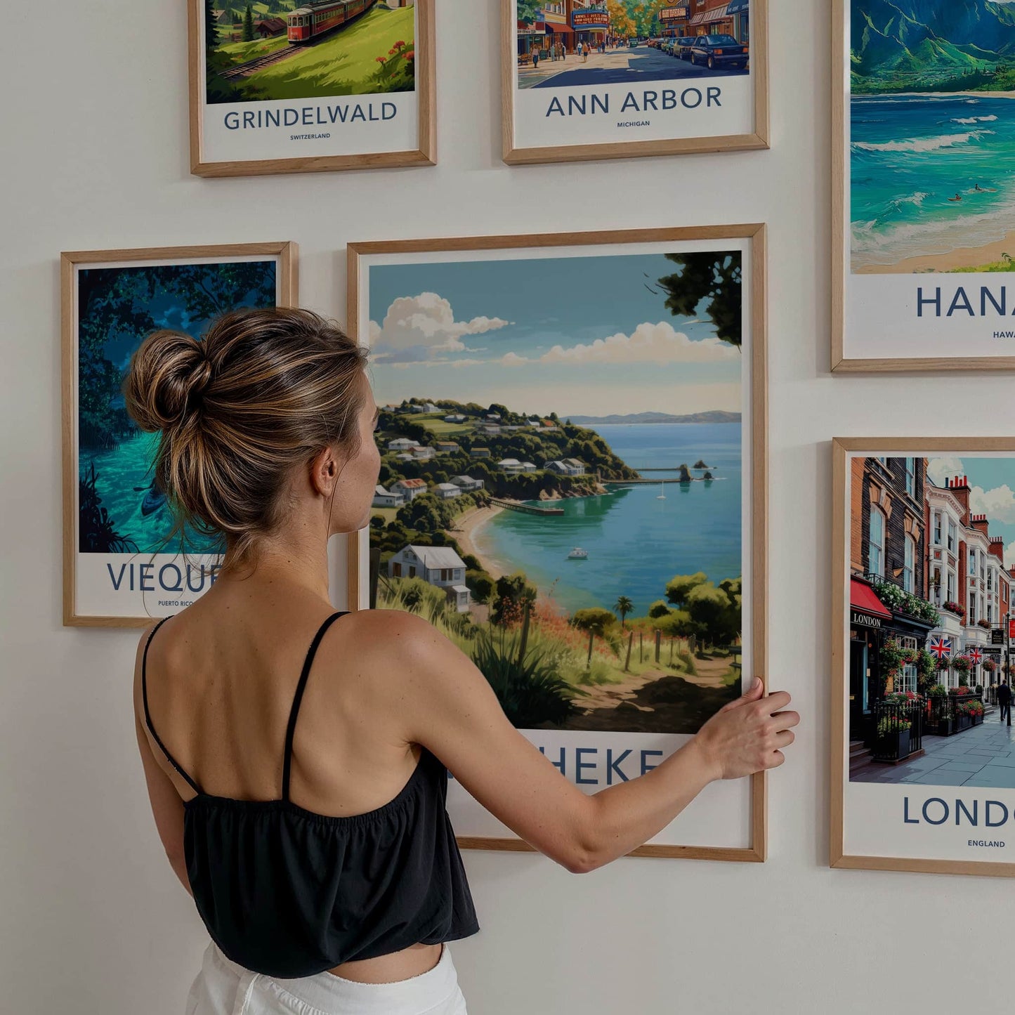 Waiheke Poster - New Zealand Travel Art - Coastal Bay Houses Home Decor
