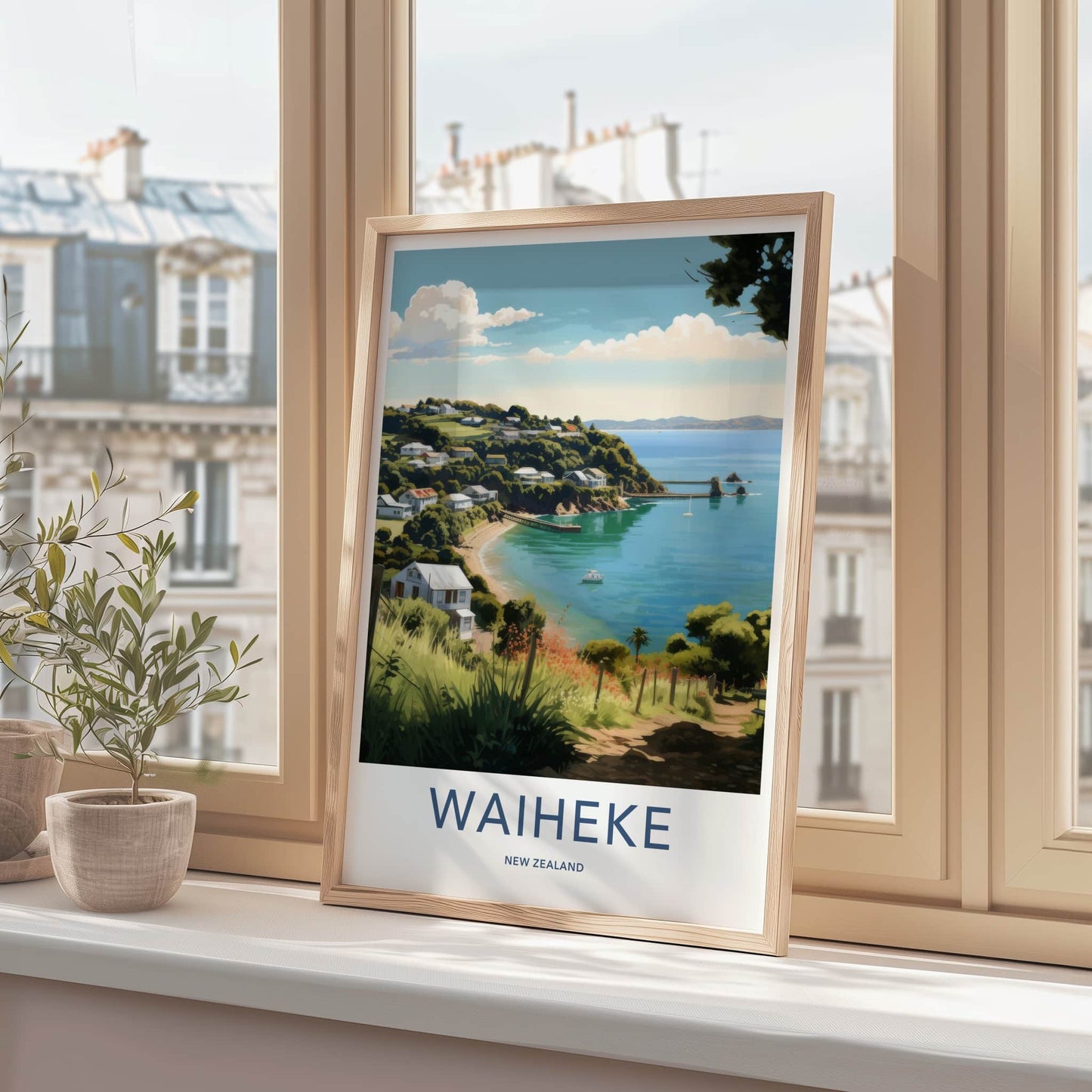 Waiheke Poster - New Zealand Travel Art - Coastal Bay Houses Home Decor
