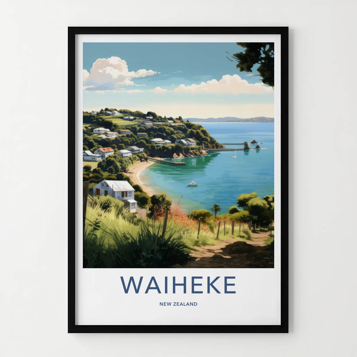 Waiheke Poster - New Zealand Travel Art - Coastal Bay Houses Home Decor