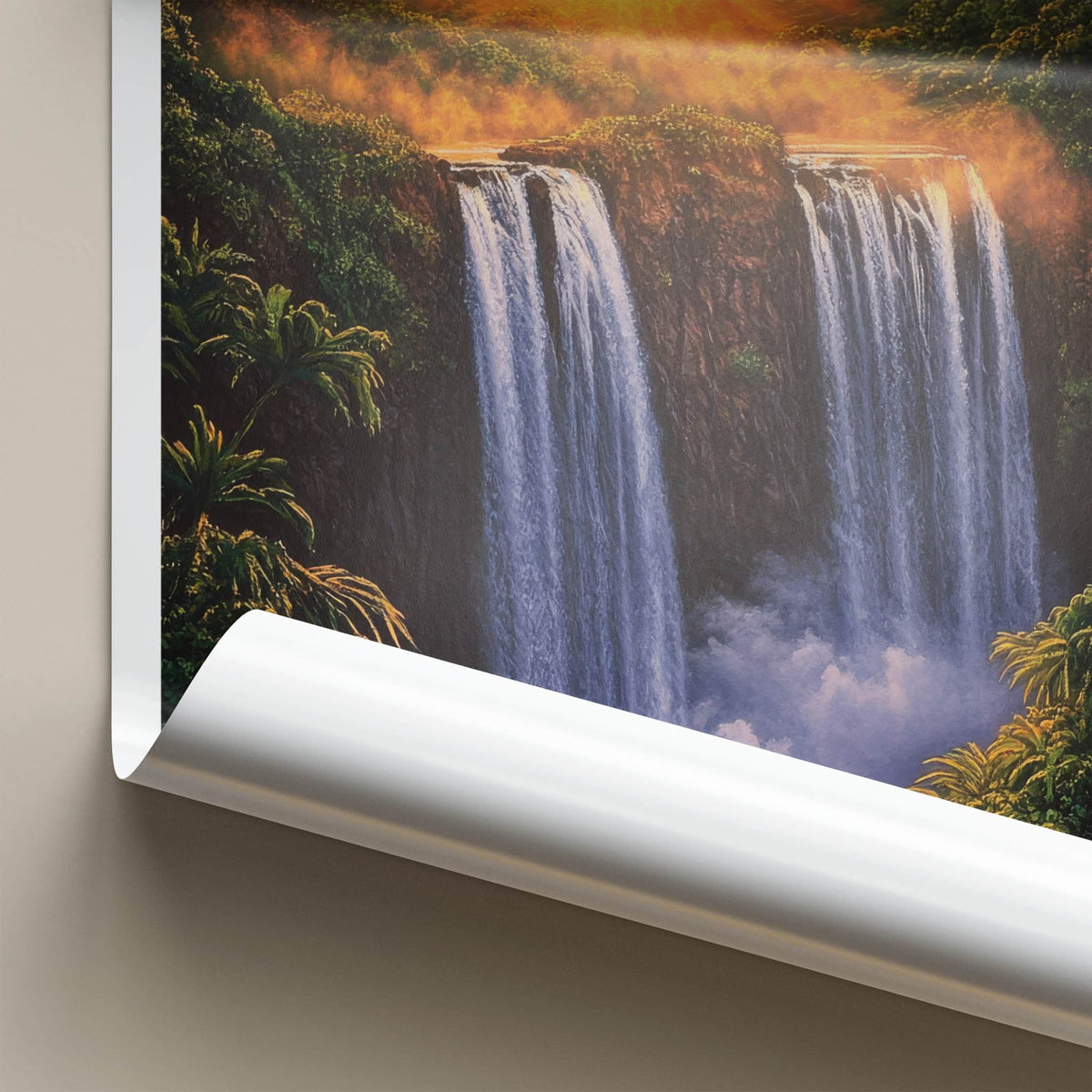 Wailua Falls Poster - Hawaii Travel Art - Golden Sunset Falls Home Decor