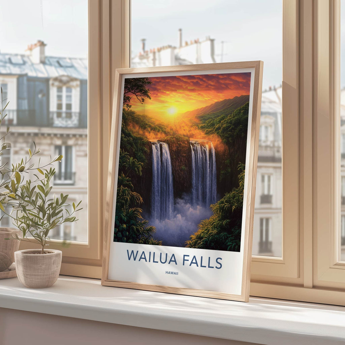 Wailua Falls Poster - Hawaii Travel Art - Golden Sunset Falls Home Decor