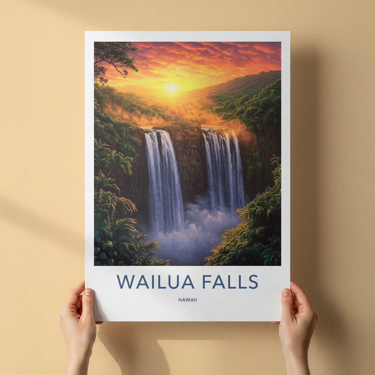 Wailua Falls Poster - Hawaii Travel Art - Golden Sunset Falls Home Decor