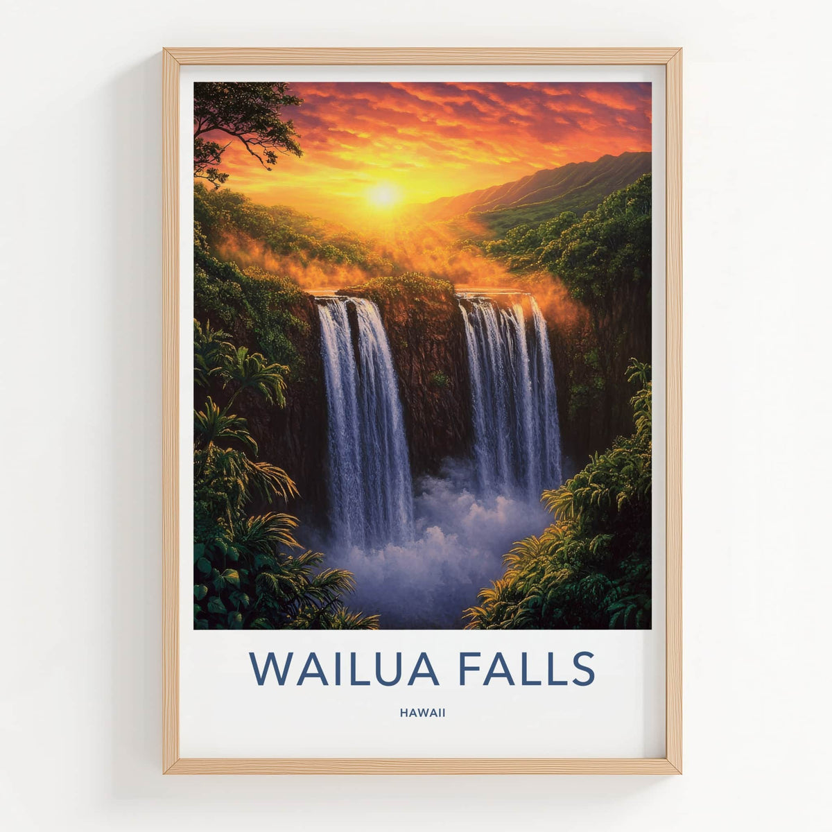 Wailua Falls Poster - Hawaii Travel Art - Golden Sunset Falls Home Decor