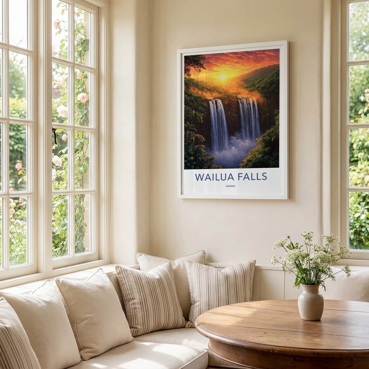 Wailua Falls Poster - Hawaii Travel Art - Golden Sunset Falls Home Decor