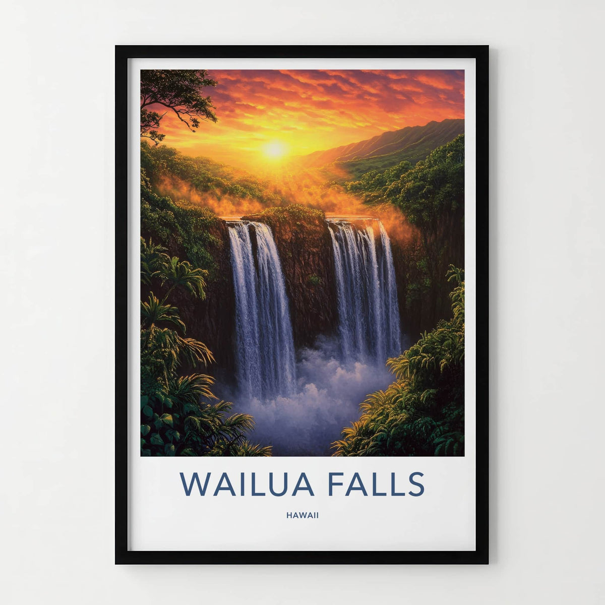Wailua Falls Poster - Hawaii Travel Art - Golden Sunset Falls Home Decor