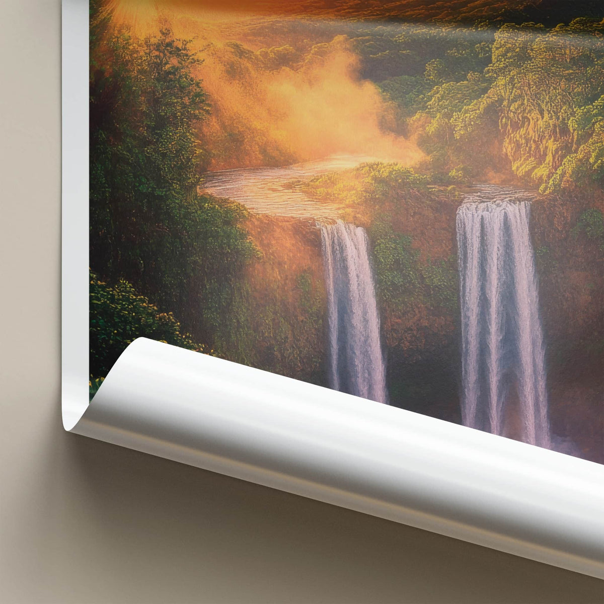 Wailua Falls Poster - Hawaii Travel Print - Lush Waterfall Sunset Lounge Decor