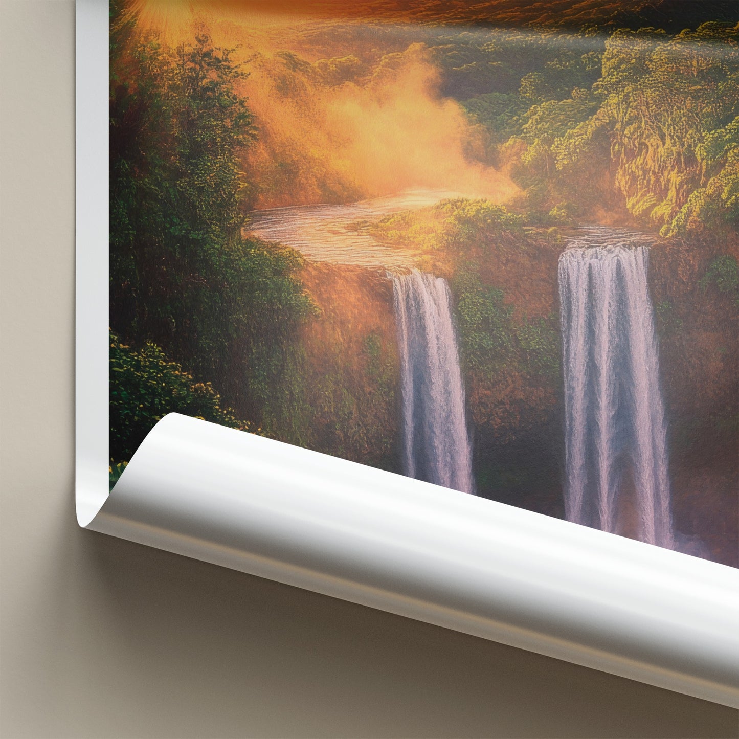 Wailua Falls Poster - Hawaii Travel Print - Lush Waterfall Sunset Lounge Decor