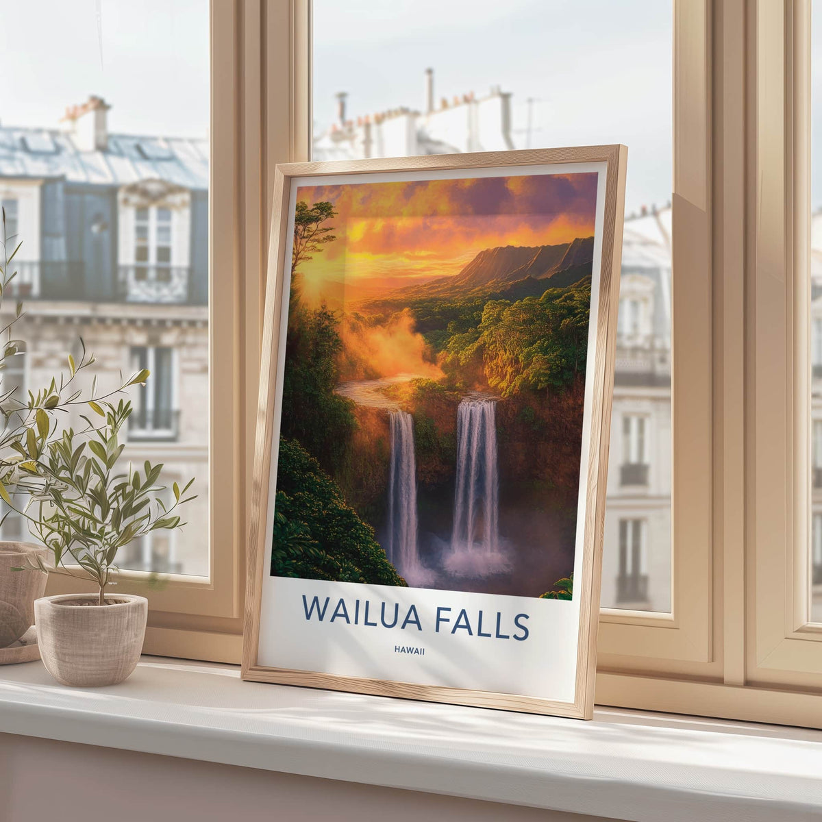 Wailua Falls Poster - Hawaii Travel Print - Lush Waterfall Sunset Lounge Decor