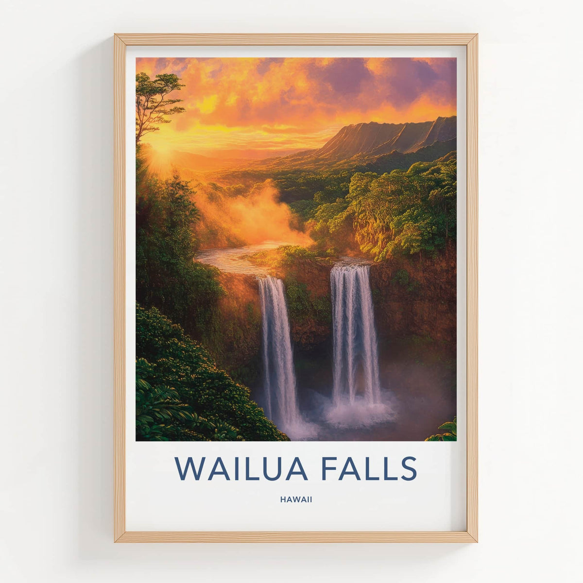 Wailua Falls Poster - Hawaii Travel Print - Lush Waterfall Sunset Lounge Decor