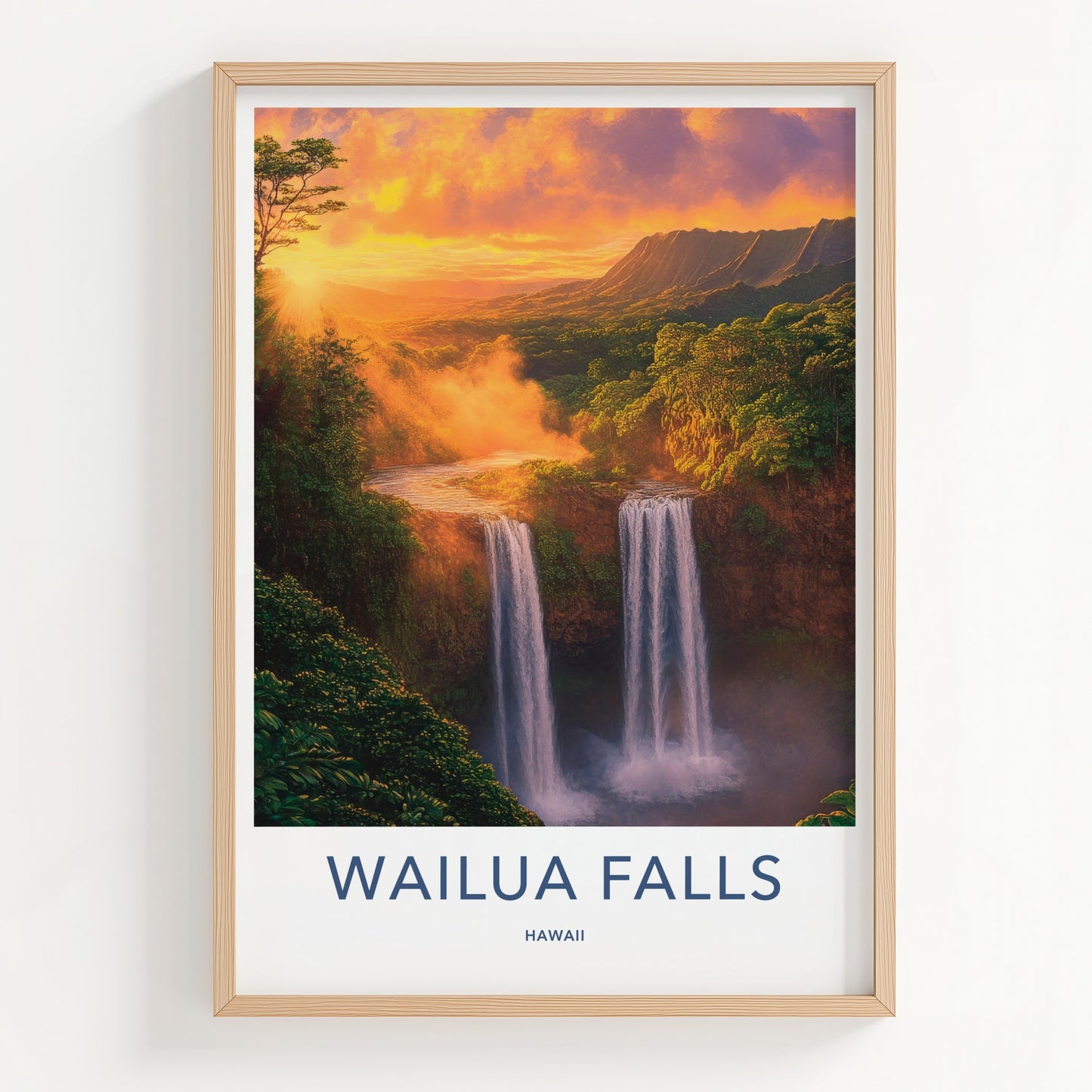 Wailua Falls Poster - Hawaii Travel Print - Lush Waterfall Sunset Lounge Decor