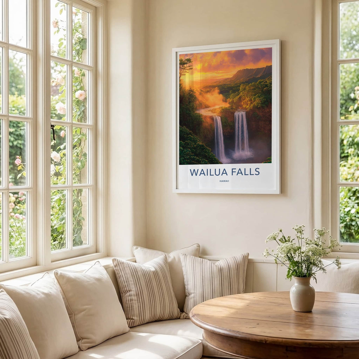 Wailua Falls Poster - Hawaii Travel Print - Lush Waterfall Sunset Lounge Decor